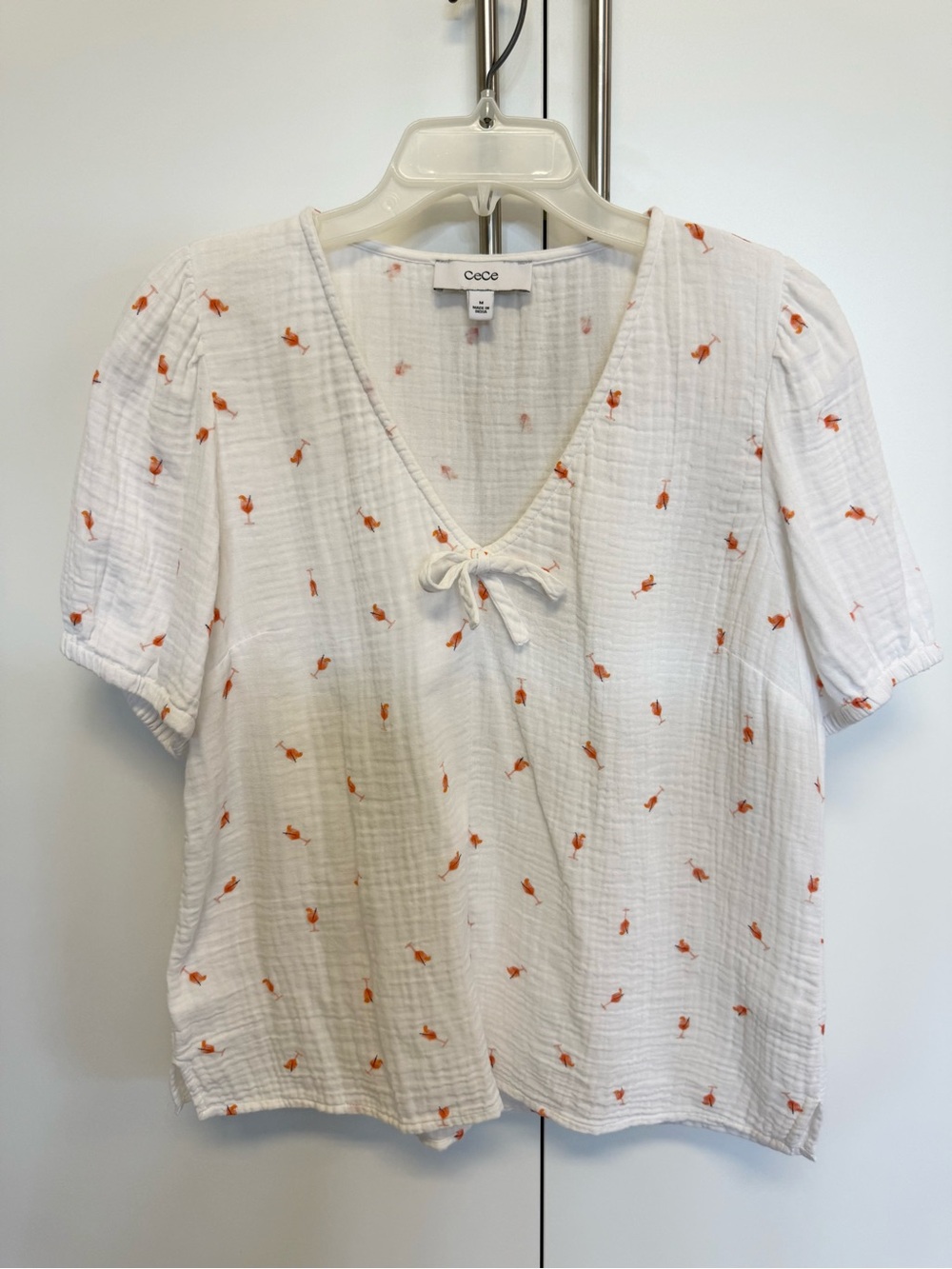 CeCe Cocktail Print Cotton Gauze Blouse White Orange Size M